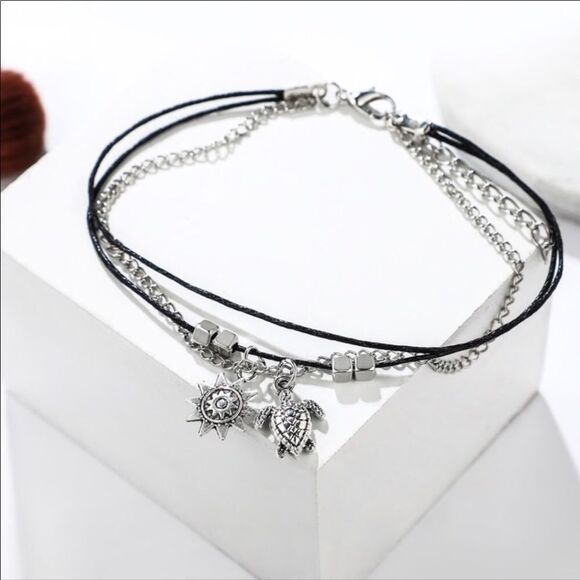 Silver Black Multi Charm Sun, Sea Turtle, Beads Anklet Set - Picture 6 of 6